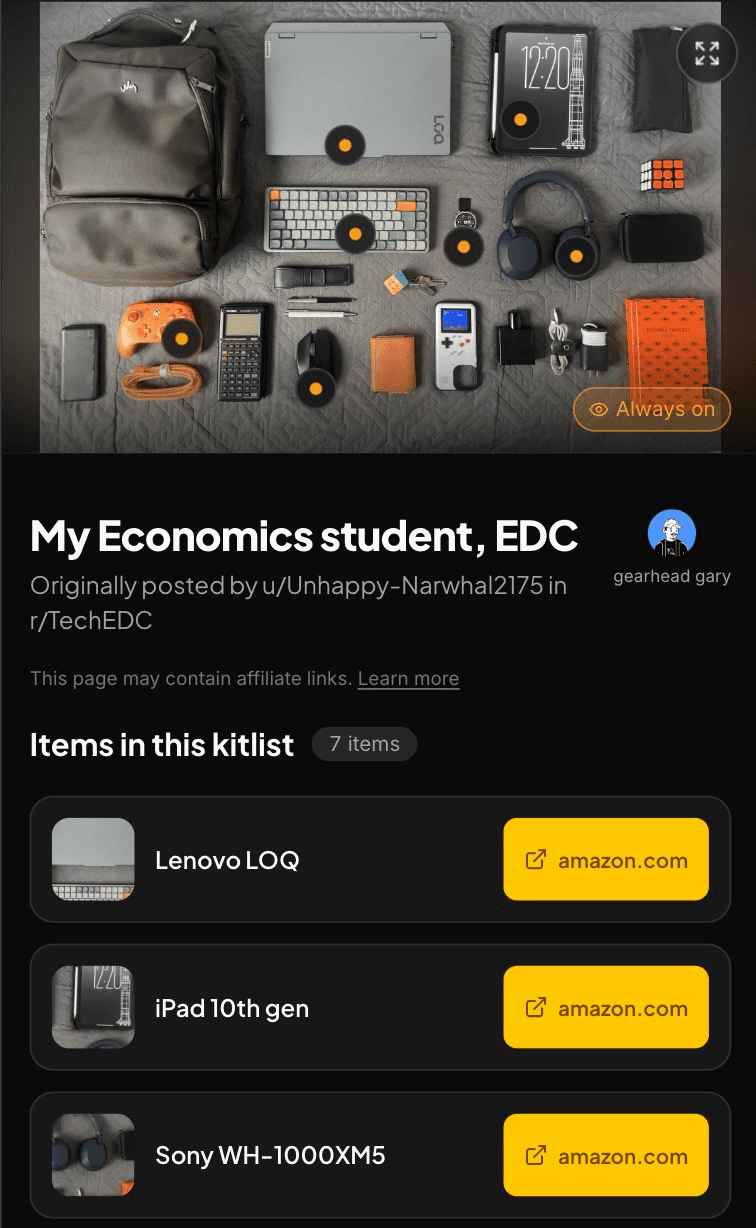 A published kitlist showing a flat-lay setup with annotations and buy links